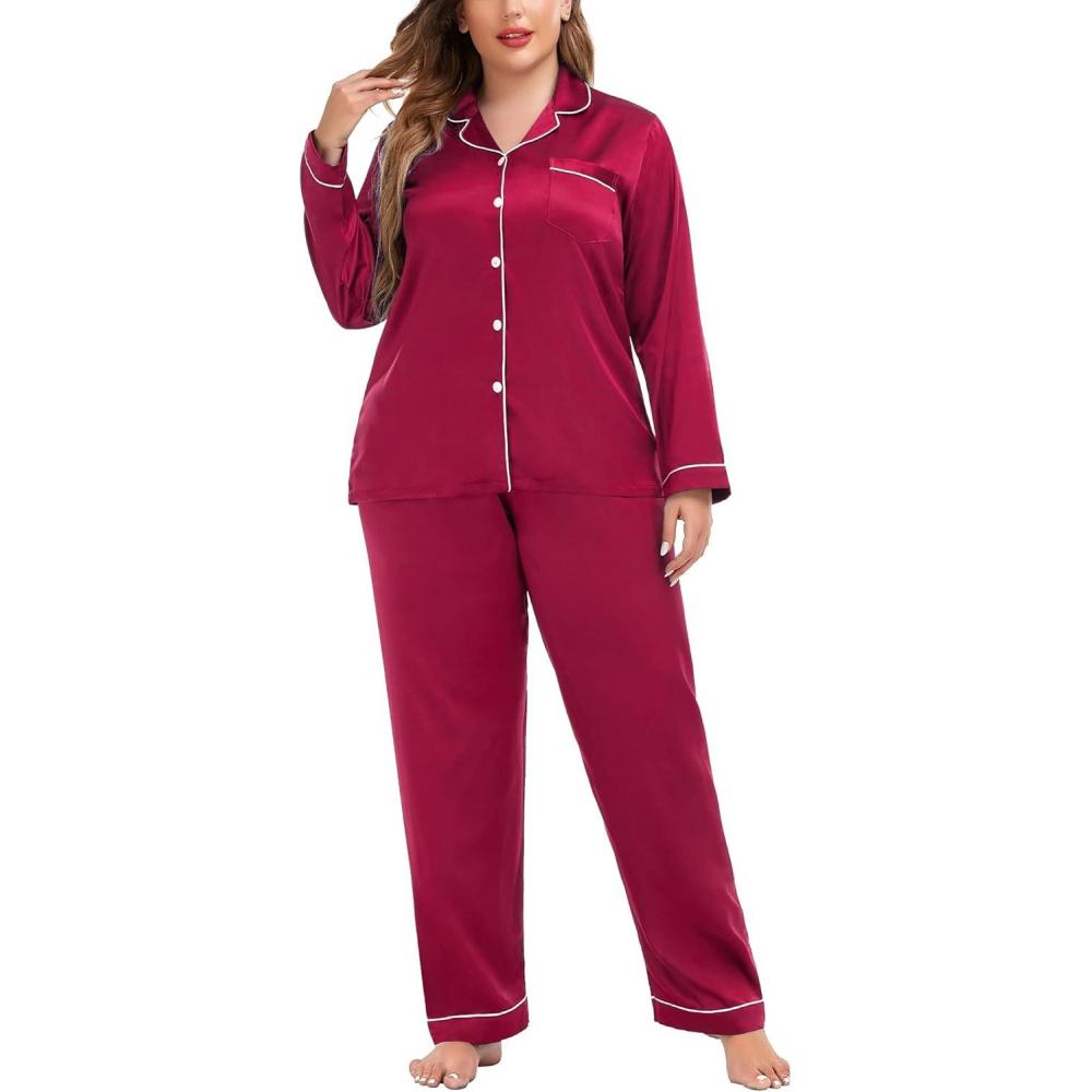 imageSWOMOG Womens Plus Size Pajamas Silky Pajama Set Button Down Sleepwear Classic Silk Pj Set Ladies Two Piece Loungewear SetRed