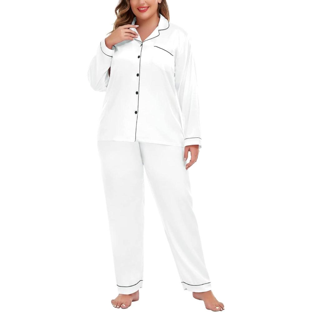 imageSWOMOG Womens Plus Size Pajamas Silky Pajama Set Button Down Sleepwear Classic Silk Pj Set Ladies Two Piece Loungewear SetWhite