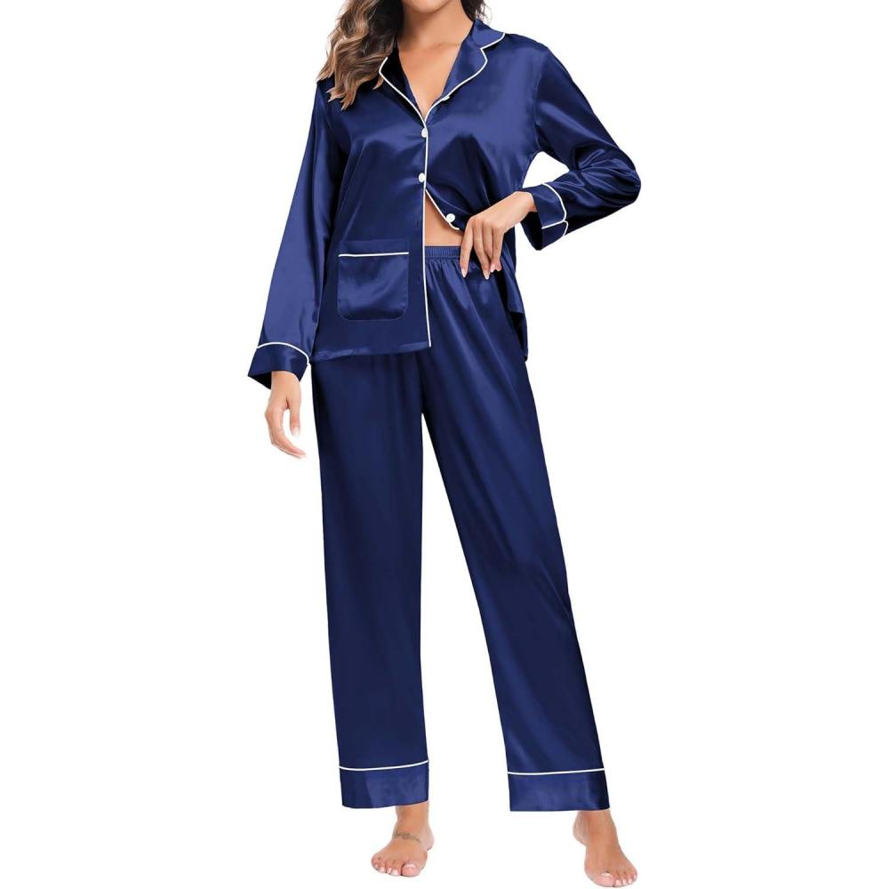 imageSWOMOG Womens Silk Satin Pajamas Loungewear Twopiece Sleepwear ButtonDown Pj Set