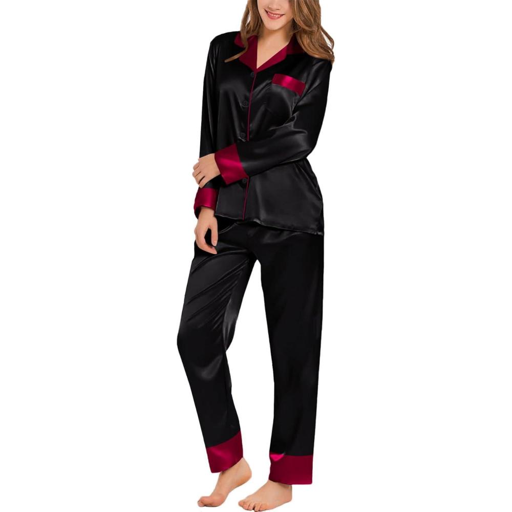 imageSWOMOG Womens Silk Satin Pajamas Set Long Sleeve Sleepwear Two Pieces Loungewear Set ButtonDown Contrast Pjs SetBlack