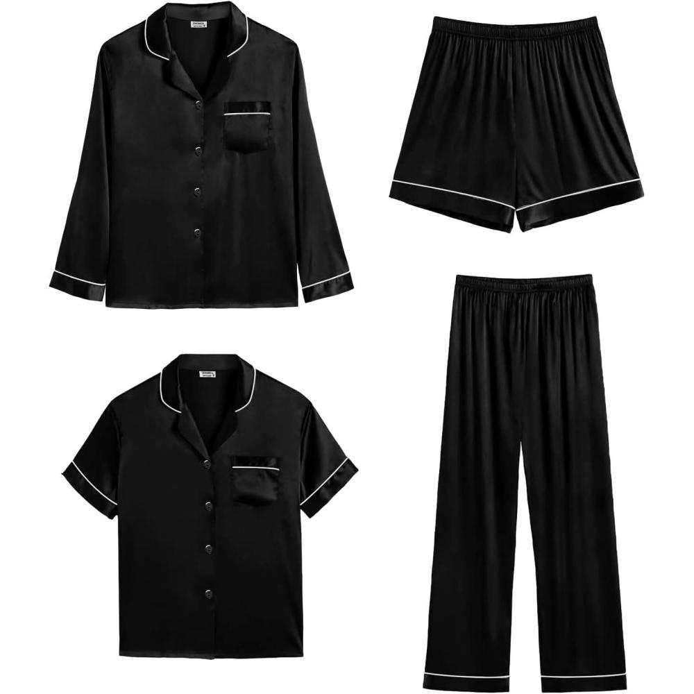imageSWOMOG Womens Silk Satin Pajamas Sets 3pcs Short Sleeve Sleepwear Button Down Pjs Sets Loungewear Nightwear4pcsblack