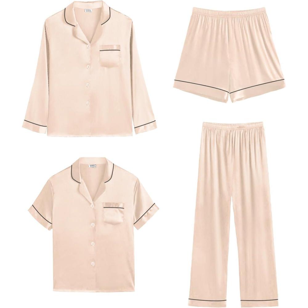 imageSWOMOG Womens Silk Satin Pajamas Sets 3pcs Short Sleeve Sleepwear Button Down Pjs Sets Loungewear Nightwear4pcschampagne