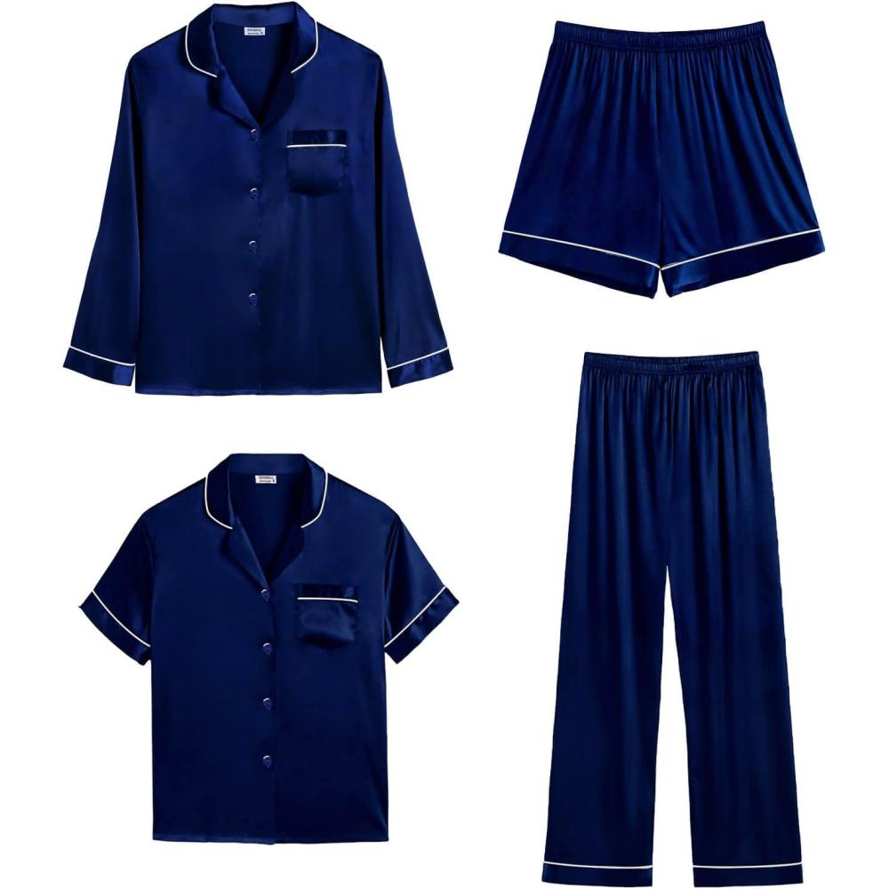 imageSWOMOG Womens Silk Satin Pajamas Sets 3pcs Short Sleeve Sleepwear Button Down Pjs Sets Loungewear Nightwear4pcsnavy Blue