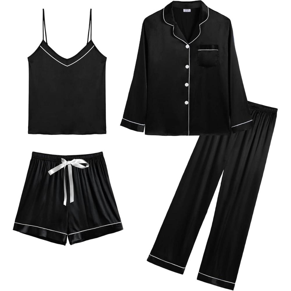 imageSWOMOG Womens Silk Satin Pajamas Sets 4pcs Loungewear Sexy Cami Shorts Set Button Down Long Sleeve Pjs SleepwearBlack