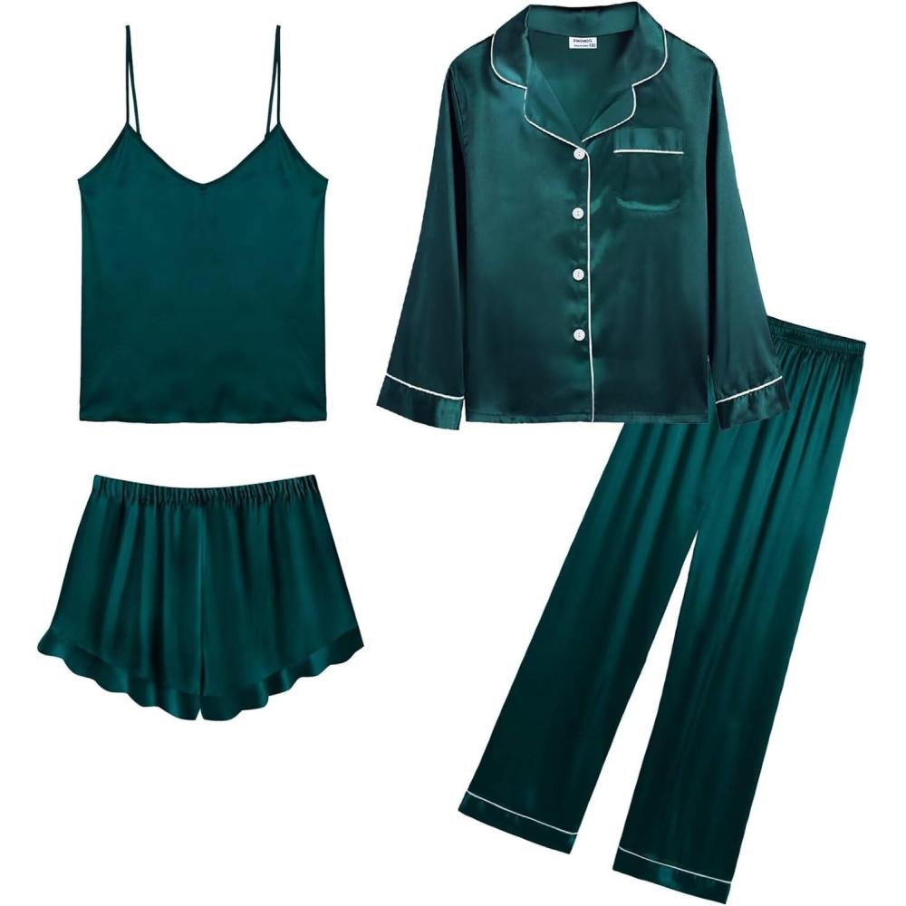 imageSWOMOG Womens Silk Satin Pajamas Sets 4pcs Loungewear Sexy Cami Shorts Set Button Down Long Sleeve Pjs SleepwearLong Sleevedark Green