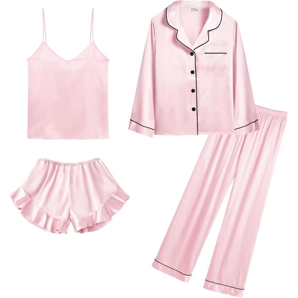 imageSWOMOG Womens Silk Satin Pajamas Sets 4pcs Loungewear Sexy Cami Shorts Set Button Down Long Sleeve Pjs SleepwearLong Sleevepink