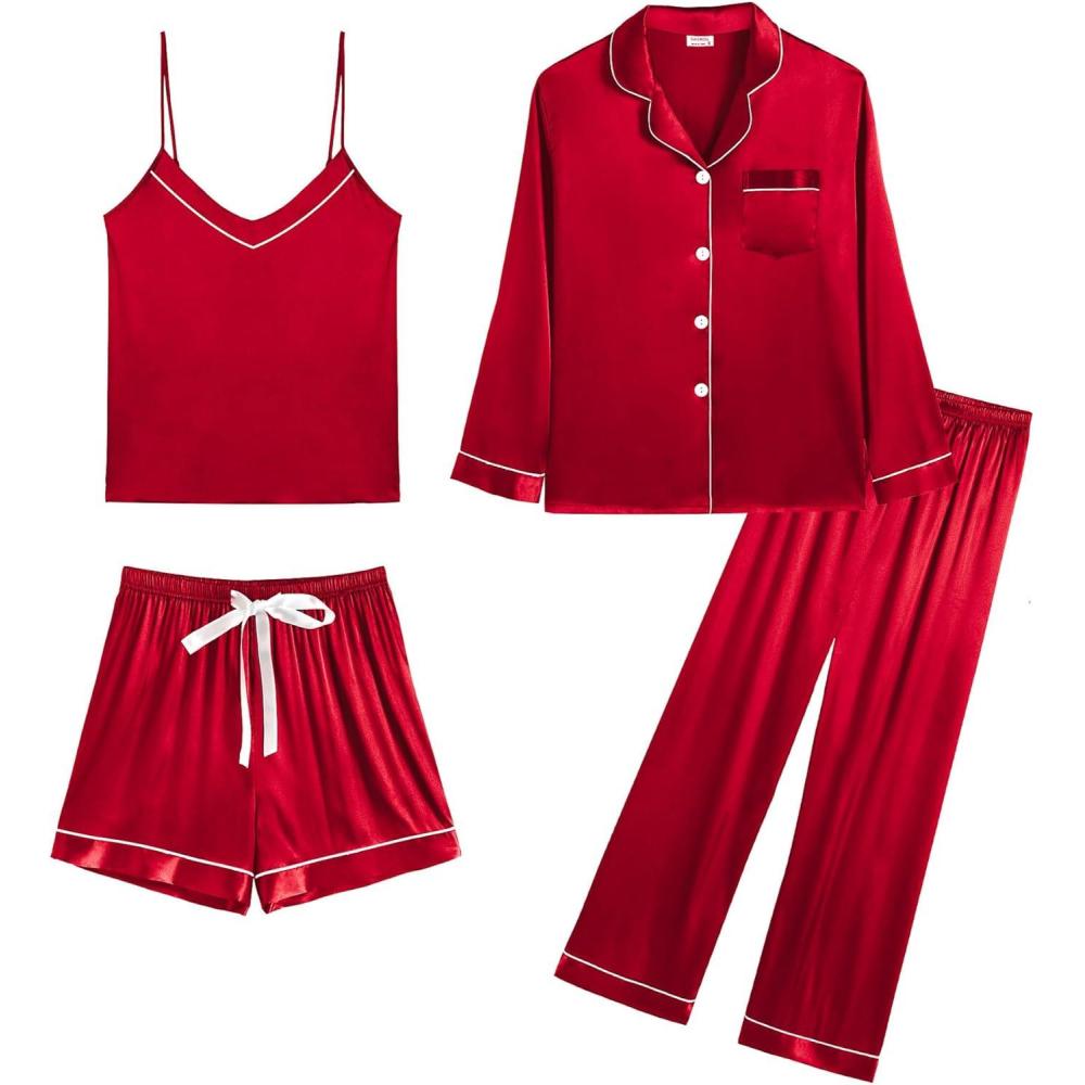 imageSWOMOG Womens Silk Satin Pajamas Sets 4pcs Loungewear Sexy Cami Shorts Set Button Down Long Sleeve Pjs SleepwearRed