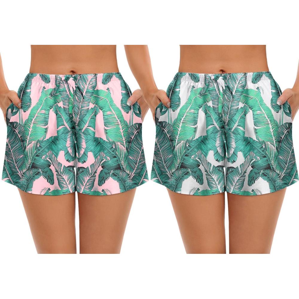 imageSWOMOG Womens Silk Stain Pajama Shorts Pj Bottoms with Pockets Drawstring Sleep Shorts Boxer Soft Lounge ShortsPink LeavesWhite Leaves