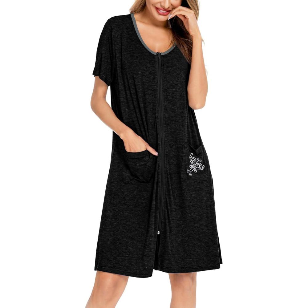 imageSWOMOG Womens Zip Up Housecoat Zipper Front Robe Lightweight Bathrobe Short Sleeve Loungewear Nightgowns with PocketsBlack Grey