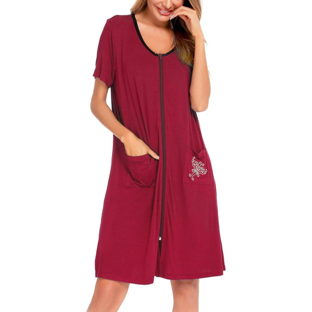 imageSWOMOG Womens Zip Up Housecoat Zipper Front Robe Lightweight Bathrobe Short Sleeve Loungewear Nightgowns with PocketsChestnut Red