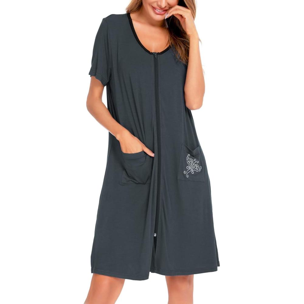 imageSWOMOG Womens Zip Up Housecoat Zipper Front Robe Lightweight Bathrobe Short Sleeve Loungewear Nightgowns with PocketsDeep Grey