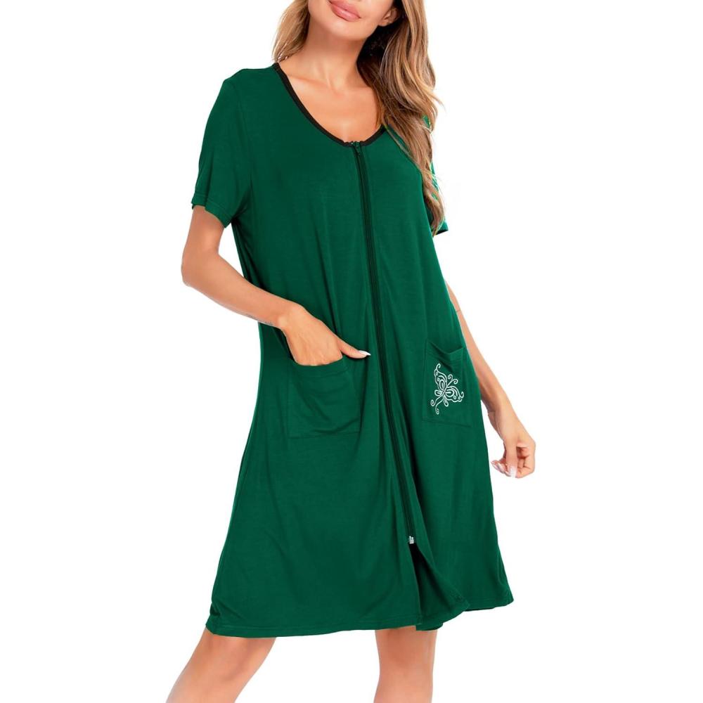 imageSWOMOG Womens Zip Up Housecoat Zipper Front Robe Lightweight Bathrobe Short Sleeve Loungewear Nightgowns with PocketsLight Green