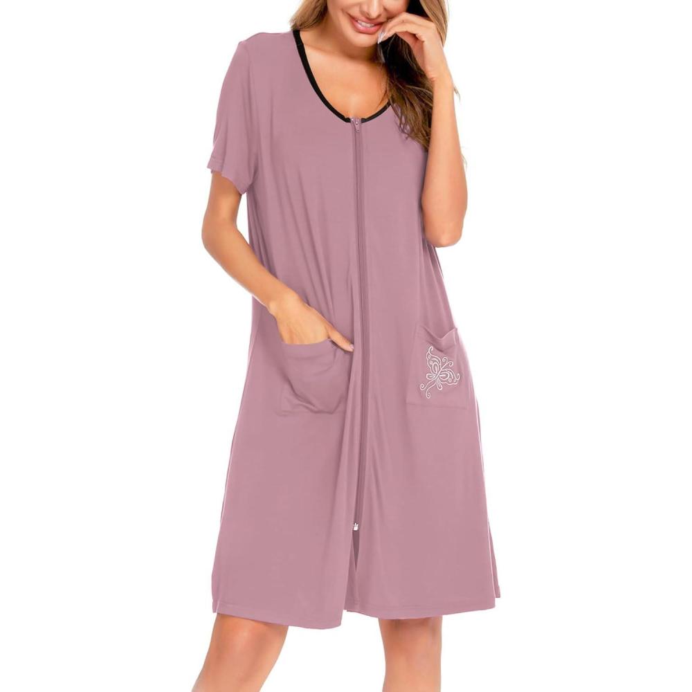 imageSWOMOG Womens Zip Up Housecoat Zipper Front Robe Lightweight Bathrobe Short Sleeve Loungewear Nightgowns with PocketsTaro Purple