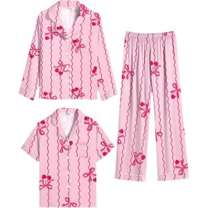 SWOMOG 4 pcs Kids Girls Satin Pajamas Set Silk Button-Down PJs Sets Soft Lounge Sets Long Sleeve Sleepwear(3 Pcs-pink Stripes)