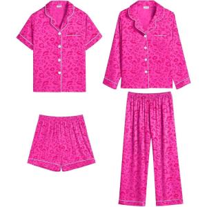 SWOMOG 4 pcs Kids Girls Satin Pajamas Set Silk Button-Down PJs Sets Soft Lounge Sets Long Sleeve Sleepwear(4 Pcs-hot Pink Leopard)