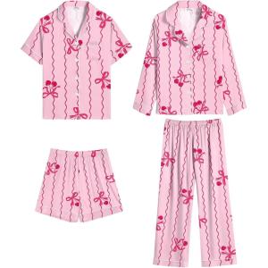 SWOMOG 4 pcs Kids Girls Satin Pajamas Set Silk Button-Down PJs Sets Soft Lounge Sets Long Sleeve Sleepwear(4 Pcs-pink Bow)