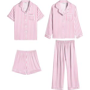 SWOMOG 4 pcs Kids Girls Satin Pajamas Set Silk Button-Down PJs Sets Soft Lounge Sets Long Sleeve Sleepwear(4 Pcs-pink Striped)