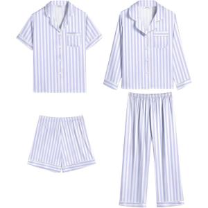 SWOMOG 4 pcs Kids Girls Satin Pajamas Set Silk Button-Down PJs Sets Soft Lounge Sets Long Sleeve Sleepwear(4 Pcs-purple Striped)