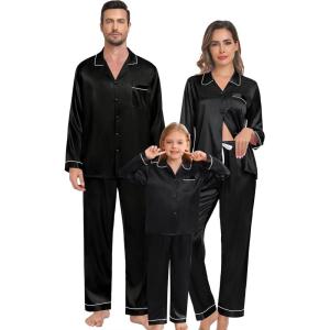 SWOMOG Family Matching Pajama Set 2Pcs Silk Satin Sleepwear Long Sleeve Button Down Loungewear(Black)