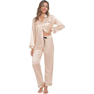 SWOMOG Family Matching Pajama Set 2Pcs Silk Satin Sleepwear Long Sleeve Button Down Loungewear(Champagne)