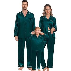 SWOMOG Family Matching Pajama Set 2Pcs Silk Satin Sleepwear Long Sleeve Button Down Loungewear(Dark Green)