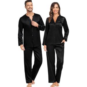 SWOMOG Family Matching Pajama Set 2Pcs Silk Satin Sleepwear Long Sleeve Button Down Loungewear(Deep Black)