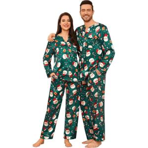 SWOMOG Family Matching Pajama Set 2Pcs Silk Satin Sleepwear Long Sleeve Button Down Loungewear(Green Santa)