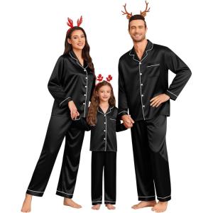 SWOMOG Family Matching Pajamas Set Silk Satin Button Down Sleepwear Long Sleeve Nightwear 2 Pcs Pj Set(Black)