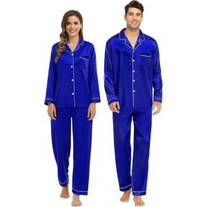 SWOMOG Family Matching Pajamas Set Silk Satin Button Down Sleepwear Long Sleeve Nightwear 2 Pcs Pj Set(Blue)