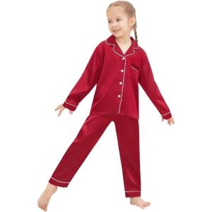 SWOMOG Family Matching Pajamas Set Silk Satin Button Down Sleepwear Long Sleeve Nightwear 2 Pcs Pj Set(Cherry Red)