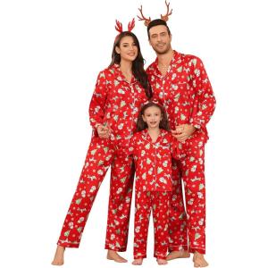 SWOMOG Family Matching Pajamas Set Silk Satin Button Down Sleepwear Long Sleeve Nightwear 2 Pcs Pj Set(Christmas Gift Red)