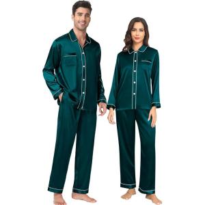 SWOMOG Family Matching Pajamas Set Silk Satin Button Down Sleepwear Long Sleeve Nightwear 2 Pcs Pj Set(Deep Green)