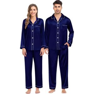 SWOMOG Family Matching Pajamas Set Silk Satin Button Down Sleepwear Long Sleeve Nightwear 2 Pcs Pj Set(Deep Navy Blue)