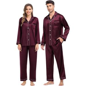 SWOMOG Family Matching Pajamas Set Silk Satin Button Down Sleepwear Long Sleeve Nightwear 2 Pcs Pj Set(Deep Wine Red)