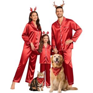SWOMOG Family Matching Pajamas Set Silk Satin Button Down Sleepwear Long Sleeve Nightwear 2 Pcs Pj Set(Red)