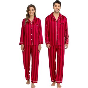 SWOMOG Family Matching Pajamas Set Silk Satin Button Down Sleepwear Long Sleeve Nightwear 2 Pcs Pj Set(Red Striped)