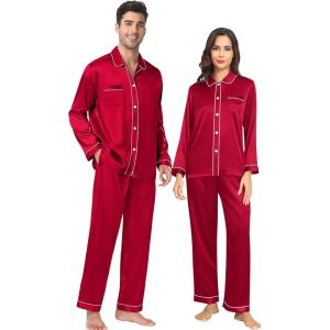 SWOMOG Family Matching Pajamas Set Silk Satin Button Down Sleepwear Long Sleeve Nightwear 2 Pcs Pj Set(Scarlet Red)