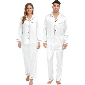 SWOMOG Family Matching Pajamas Set Silk Satin Button Down Sleepwear Long Sleeve Nightwear 2 Pcs Pj Set(White)