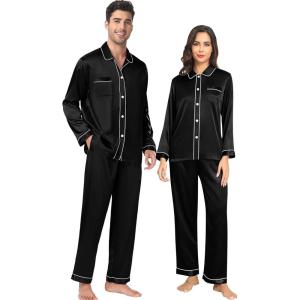 SWOMOG Family Matching Pajamas Set Silk Satin Button Down Sleepwear Long Sleeve Nightwear 2 Pcs Pj Set(Z – Double Piping – Black)