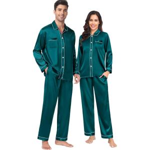 SWOMOG Family Matching Pajamas Set Silk Satin Button Down Sleepwear Long Sleeve Nightwear 2 Pcs Pj Set(Z – Double Piping – Green)