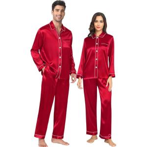 SWOMOG Family Matching Pajamas Set Silk Satin Button Down Sleepwear Long Sleeve Nightwear 2 Pcs Pj Set(Z – Double Piping – Red)