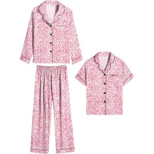 SWOMOG Kid Girls Boys Silk Satin Pajamas Set Button-Down PJs Sets Two-Piece Lounge Sets Long Sleeve Sleepwear(Hedged-pink Print Leopard)