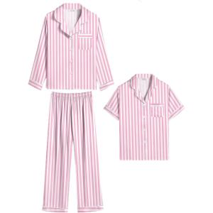 SWOMOG Kid Girls Boys Silk Satin Pajamas Set Button-Down PJs Sets Two-Piece Lounge Sets Long Sleeve Sleepwear(Hedged-pink Striped)