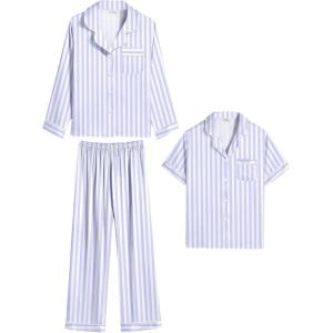 SWOMOG Kid Girls Boys Silk Satin Pajamas Set Button-Down PJs Sets Two-Piece Lounge Sets Long Sleeve Sleepwear(Hedged-purple Striped)