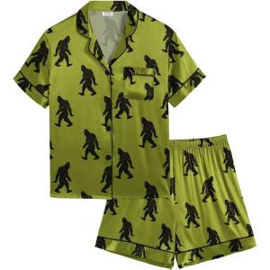 SWOMOG Kids Satin Pajamas Sets Girls Boys Button-Down Pjs Short Sleeve Silk Nightwear 2 Piece Lounge Sets(Army Green Bigfoot)