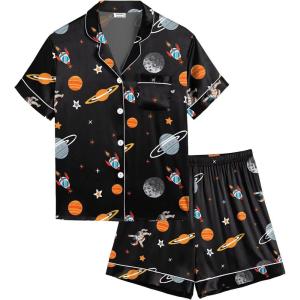 SWOMOG Kids Satin Pajamas Sets Girls Boys Button-Down Pjs Short Sleeve Silk Nightwear 2 Piece Lounge Sets(Black Astronauts)