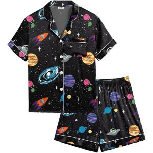 SWOMOG Kids Satin Pajamas Sets Girls Boys Button-Down Pjs Short Sleeve Silk Nightwear 2 Piece Lounge Sets(Black Universe)
