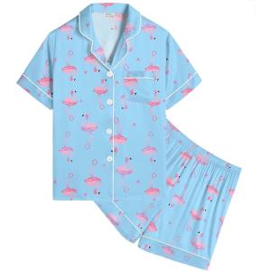 SWOMOG Kids Satin Pajamas Sets Girls Boys Button-Down Pjs Short Sleeve Silk Nightwear 2 Piece Lounge Sets(Blue Champagne)