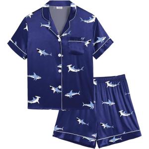 SWOMOG Kids Satin Pajamas Sets Girls Boys Button-Down Pjs Short Sleeve Silk Nightwear 2 Piece Lounge Sets(Blue Shark)