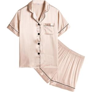 SWOMOG Kids Satin Pajamas Sets Girls Boys Button-Down Pjs Short Sleeve Silk Nightwear 2 Piece Lounge Sets(Champagne)